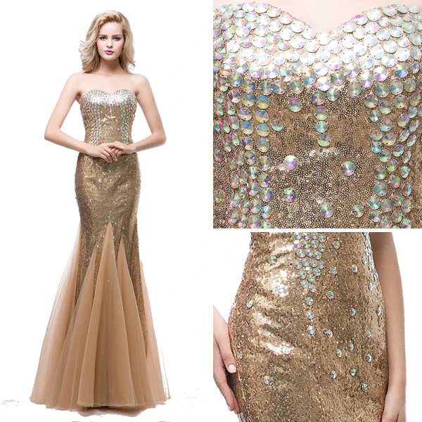 Sparkly Champagne Selskapskjoler 2018 Trompet / Havfrue Kjæreste Uten Ermer Rhinestone Paljetter Lange Buste Ryggløse Formelle Kjoler