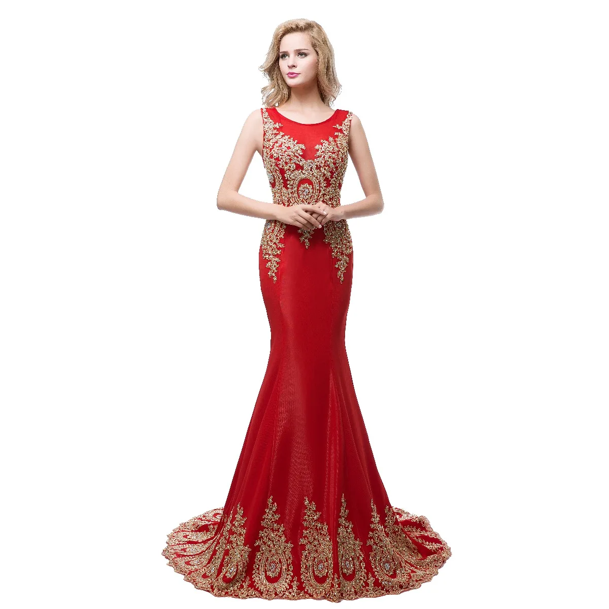 Chic Beautiful Red Evening Dresses 2018 Trumpet Mermaid Scoop Neck  Sleeveless Gold Appliques Lace Rhinestone Sweep Train Ruffle Formal Dresses
