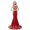 Chic / Beautiful Red Evening Dresses  2018 Trumpet / Mermaid Scoop Neck Sleeveless Gold Appliques Lace Rhinestone Sweep Train Ruffle Formal Dresses