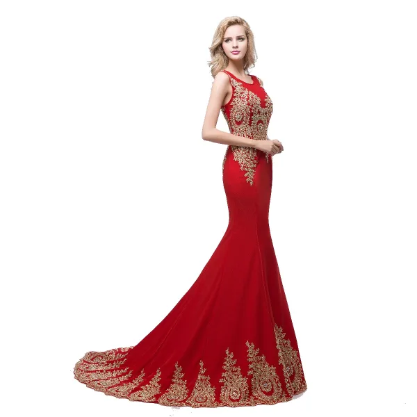 Chic / Beautiful Red Evening Dresses 2018 Trumpet / Mermaid Scoop Neck Sleeveless Gold Appliques Lace Rhinestone Sweep Train Ruffle Formal Dresses