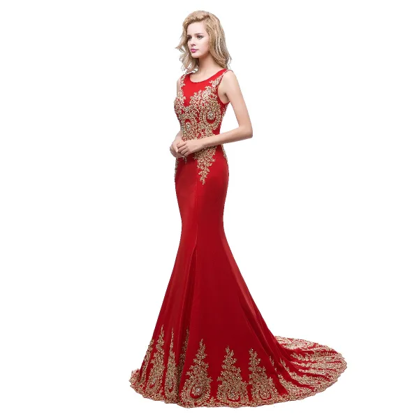 Chic / Beautiful Red Evening Dresses 2018 Trumpet / Mermaid Scoop Neck Sleeveless Gold Appliques Lace Rhinestone Sweep Train Ruffle Formal Dresses