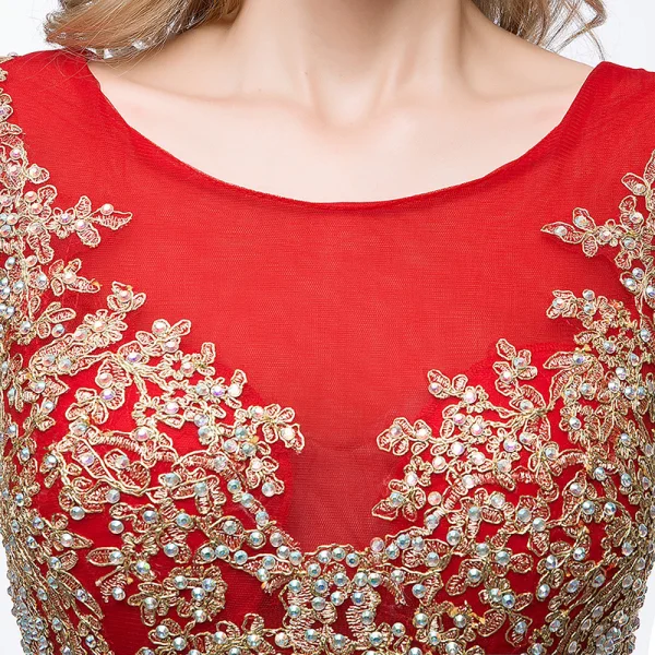 Chic / Beautiful Red Evening Dresses 2018 Trumpet / Mermaid Scoop Neck Sleeveless Gold Appliques Lace Rhinestone Sweep Train Ruffle Formal Dresses