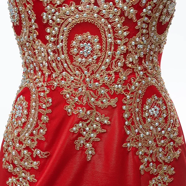 Chic / Beautiful Red Evening Dresses 2018 Trumpet / Mermaid Scoop Neck Sleeveless Gold Appliques Lace Rhinestone Sweep Train Ruffle Formal Dresses