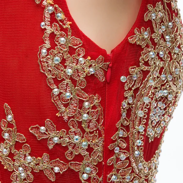 Chic / Beautiful Red Evening Dresses 2018 Trumpet / Mermaid Scoop Neck Sleeveless Gold Appliques Lace Rhinestone Sweep Train Ruffle Formal Dresses
