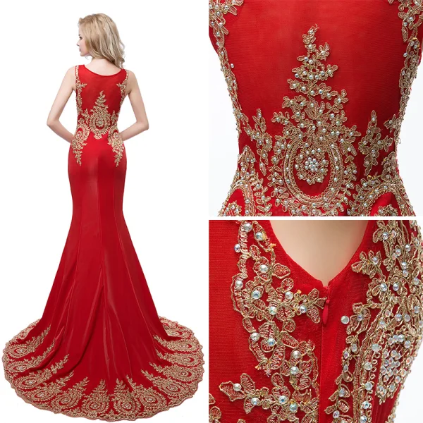 Chic / Beautiful Red Evening Dresses 2018 Trumpet / Mermaid Scoop Neck Sleeveless Gold Appliques Lace Rhinestone Sweep Train Ruffle Formal Dresses
