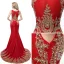 Chic / Beautiful Red Evening Dresses  2018 Trumpet / Mermaid Scoop Neck Sleeveless Gold Appliques Lace Rhinestone Sweep Train Ruffle Formal Dresses