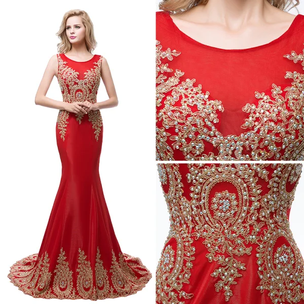 Chic / Beautiful Red Evening Dresses 2018 Trumpet / Mermaid Scoop Neck Sleeveless Gold Appliques Lace Rhinestone Sweep Train Ruffle Formal Dresses