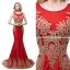 Chic / Beautiful Red Evening Dresses  2018 Trumpet / Mermaid Scoop Neck Sleeveless Gold Appliques Lace Rhinestone Sweep Train Ruffle Formal Dresses