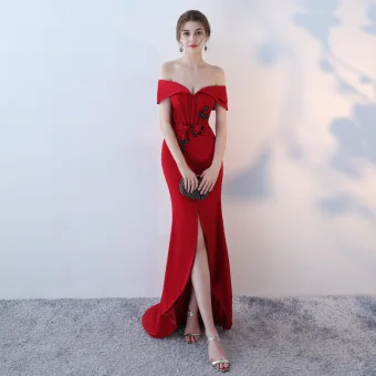 Elegant Burgundy Evening Dresses 2018 Trumpet Mermaid Off The Shoulder Short Sleeve Pearl Crystal Beading Sash Split Front Sweep Train Backless Formal Dresses