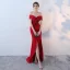 Elegante Burgunderrot Abendkleider 2018 Mermaid Off Shoulder Kurze Ärmel Perle Kristall Perlenstickerei Stoffgürtel Gespaltete Front Sweep / Pinsel Zug Rückenfreies Festliche Kleider