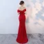 Elegante Burgunderrot Abendkleider 2018 Mermaid Off Shoulder Kurze Ärmel Perle Kristall Perlenstickerei Stoffgürtel Gespaltete Front Sweep / Pinsel Zug Rückenfreies Festliche Kleider