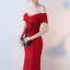 Elegante Burgunderrot Abendkleider 2018 Mermaid Off Shoulder Kurze Ärmel Perle Kristall Perlenstickerei Stoffgürtel Gespaltete Front Sweep / Pinsel Zug Rückenfreies Festliche Kleider