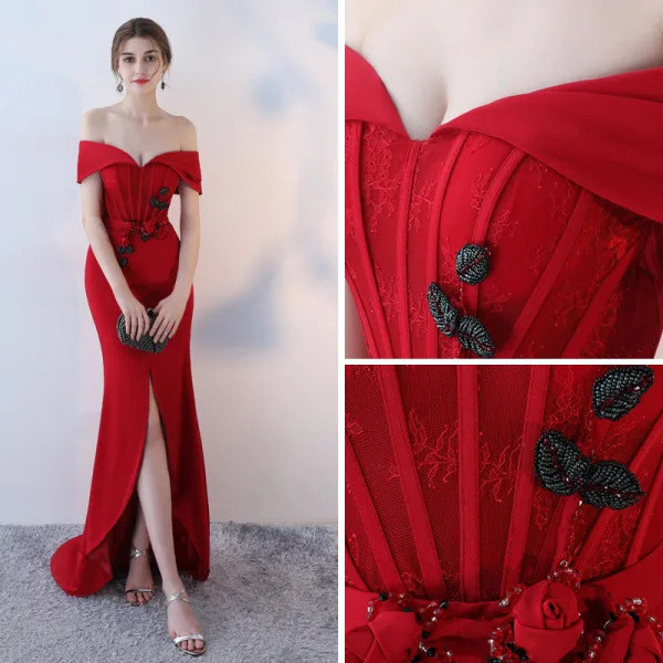 Elegante Burgunderrot Abendkleider 2018 Mermaid Off Shoulder Kurze Ärmel Perle Kristall Perlenstickerei Stoffgürtel Gespaltete Front Sweep / Pinsel Zug Rückenfreies Festliche Kleider