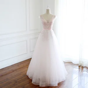 Luxe Rougissant Rose Transparentes Robe De Bal 2018 Princesse V Cou Mancherons Cristal Perlage Faux Diamant Longue Volants Dos Nu Robe De Ceremonie