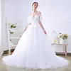 Discount White See-through Wedding Dresses 2018 Ball Gown Scoop Neck Short Sleeve Appliques Lace Cathedral Train Ruffle