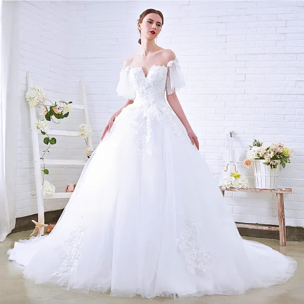 Discount White See-through Wedding Dresses 2018 Ball Gown Scoop Neck Short Sleeve Appliques Lace Cathedral Train Ruffle