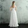 Chic / Beautiful Beach White Wedding Dresses 2017 A-Line / Princess V-Neck Sleeveless Strapless Appliques Lace Floor-Length / Long Ruffle Backless