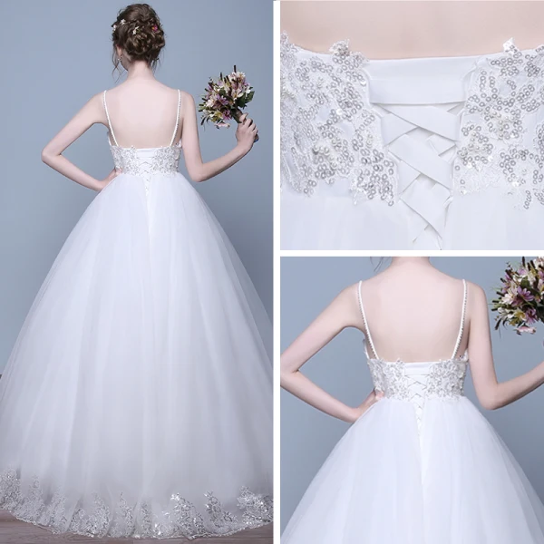 Chic / Belle Salle Robe De Mariée 2017 Paillettes En Dentelle Appliques Sans Manches épaules Longue Blanche Robe Boule
