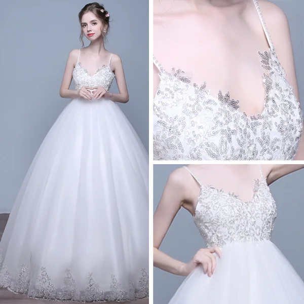 Chic / Belle Salle Robe De Mariée 2017 Paillettes En Dentelle Appliques Sans Manches épaules Longue Blanche Robe Boule