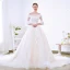 Charming Champagne Wedding Dresses 2018 A-Line / Princess Off-The-Shoulder 3/4 Sleeve Backless Appliques Lace Cathedral Train Ruffle