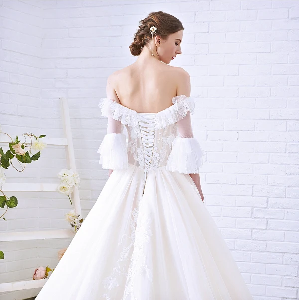Charming Champagne Wedding Dresses 2018 A-Line / Princess Off-The-Shoulder 3/4 Sleeve Backless Appliques Lace Cathedral Train Ruffle