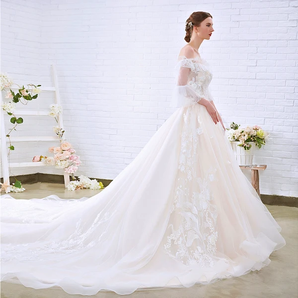 Charming Champagne Wedding Dresses 2018 A-Line / Princess Off-The-Shoulder 3/4 Sleeve Backless Appliques Lace Cathedral Train Ruffle