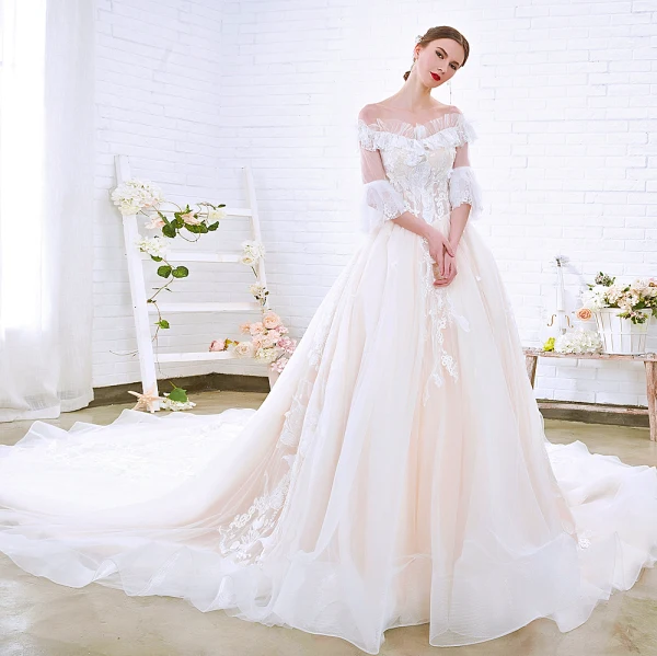 Charming Champagne Wedding Dresses 2018 A-Line / Princess Off-The-Shoulder 3/4 Sleeve Backless Appliques Lace Cathedral Train Ruffle