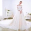 Charming Champagne Wedding Dresses 2018 A-Line / Princess Off-The-Shoulder 3/4 Sleeve Backless Appliques Lace Cathedral Train Ruffle