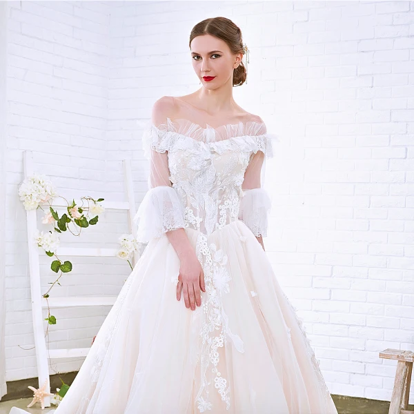 Charming Champagne Wedding Dresses 2018 A-Line / Princess Off-The-Shoulder 3/4 Sleeve Backless Appliques Lace Cathedral Train Ruffle