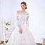 Charming Champagne Wedding Dresses 2018 A-Line / Princess Off-The-Shoulder 3/4 Sleeve Backless Appliques Lace Cathedral Train Ruffle