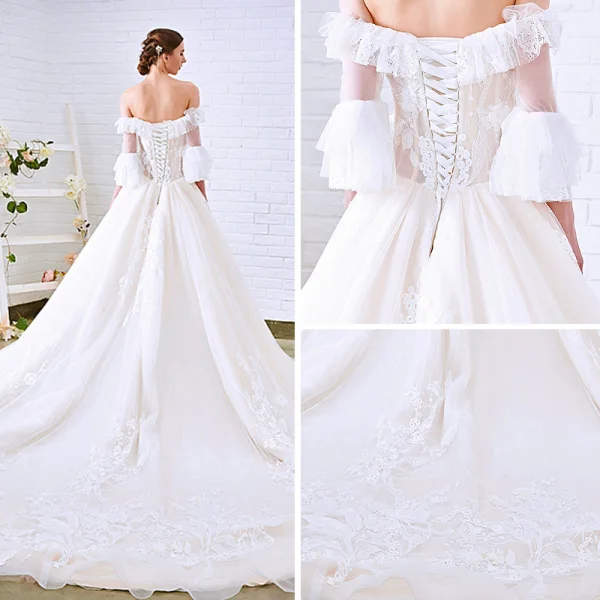 Charming Champagne Wedding Dresses 2018 A-Line / Princess Off-The-Shoulder 3/4 Sleeve Backless Appliques Lace Cathedral Train Ruffle