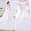 Charming Champagne Wedding Dresses 2018 A-Line / Princess Off-The-Shoulder 3/4 Sleeve Backless Appliques Lace Cathedral Train Ruffle