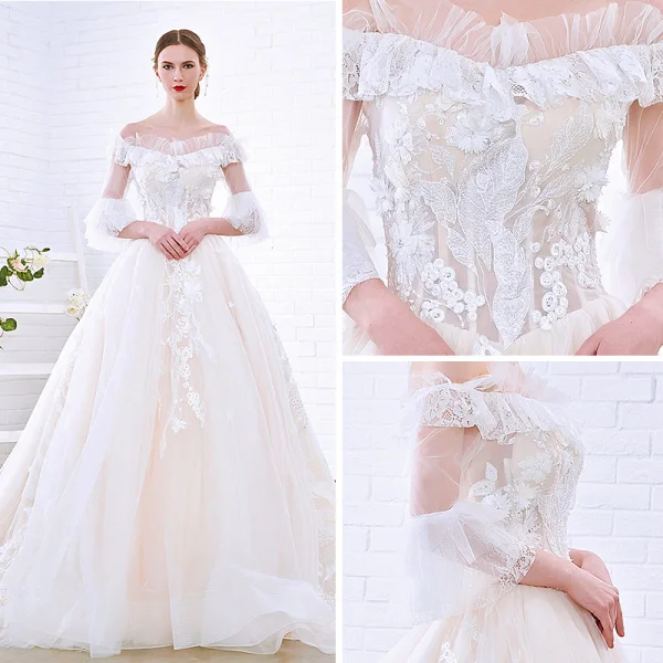 Charming Champagne Wedding Dresses 2018 A-Line / Princess Off-The-Shoulder 3/4 Sleeve Backless Appliques Lace Cathedral Train Ruffle