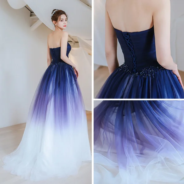Elegant Mørk Marineblå Gradient-Farge Selskapskjoler 2018 Prinsesse Kjæreste Uten Ermer Appliques Blonder Beading Feie Tog Buste Ryggløse Formelle Kjoler