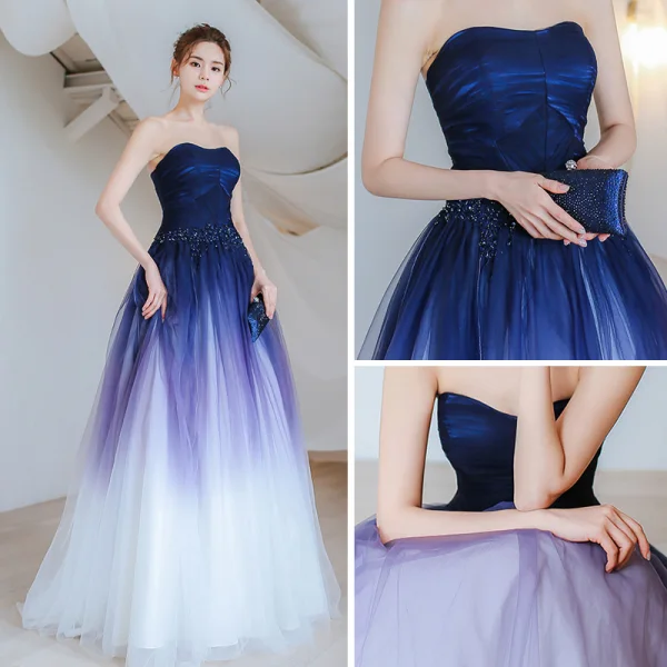 Elegant Mørk Marineblå Gradient-Farge Selskapskjoler 2018 Prinsesse Kjæreste Uten Ermer Appliques Blonder Beading Feie Tog Buste Ryggløse Formelle Kjoler