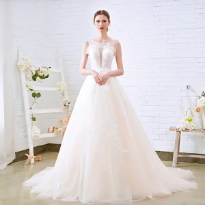 Simple Champagne Transparentes Robe De Mariée 2018 Princesse Encolure Dégagée Sans Manches Dos Nu Appliques En Dentelle Chapel Train Volants