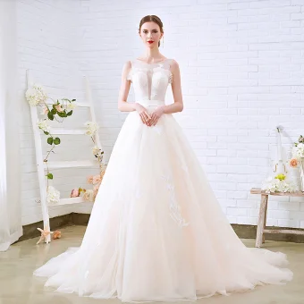 Simple Champagne Transparentes Robe De Mariée 2018 Princesse Encolure Dégagée Sans Manches Dos Nu Appliques En Dentelle Chapel Train Volants
