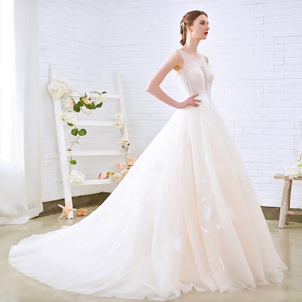 Simple Champagne Transparentes Robe De Mariée 2018 Princesse Encolure Dégagée Sans Manches Dos Nu Appliques En Dentelle Chapel Train Volants