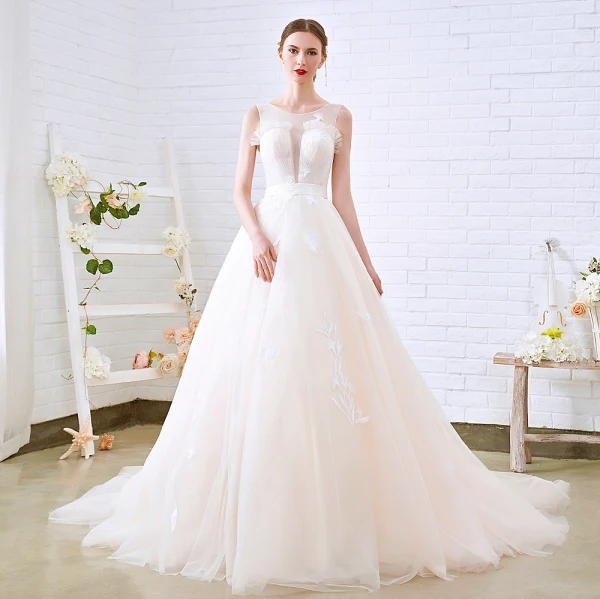 Simple Champagne Transparentes Robe De Mariée 2018 Princesse Encolure Dégagée Sans Manches Dos Nu Appliques En Dentelle Chapel Train Volants