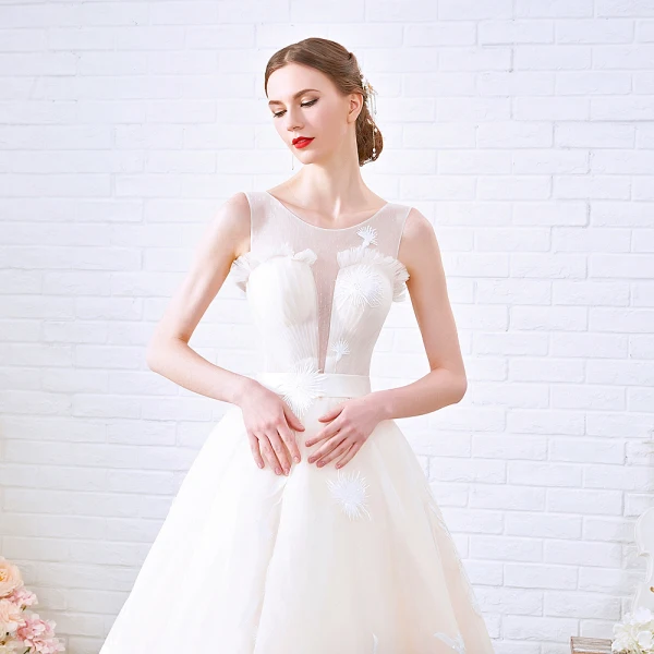 Simple Champagne Transparentes Robe De Mariée 2018 Princesse Encolure Dégagée Sans Manches Dos Nu Appliques En Dentelle Chapel Train Volants