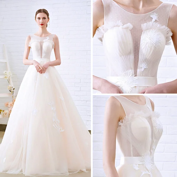Simple Champagne Transparentes Robe De Mariée 2018 Princesse Encolure Dégagée Sans Manches Dos Nu Appliques En Dentelle Chapel Train Volants