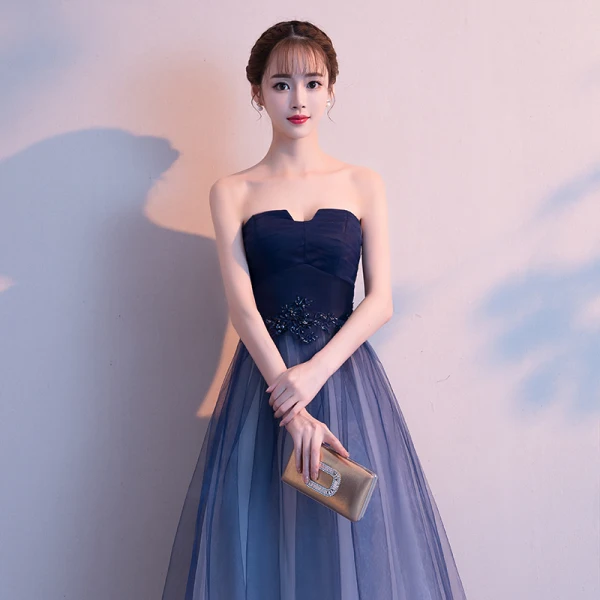 Élégant Bleu Marine Dégradé De Couleur Blanche Robe De Soirée 2018 Princesse Bustier Sans Manches Appliques En Dentelle Perlage Longue Volants Dos Nu Robe De Ceremonie