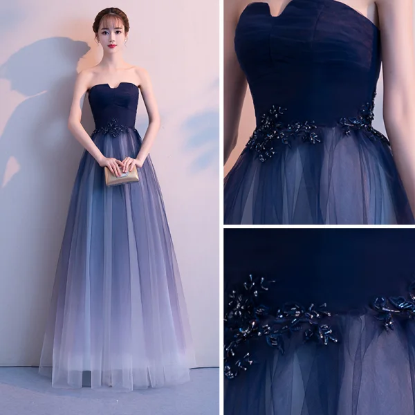 Élégant Bleu Marine Dégradé De Couleur Blanche Robe De Soirée 2018 Princesse Bustier Sans Manches Appliques En Dentelle Perlage Longue Volants Dos Nu Robe De Ceremonie