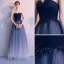 Élégant Bleu Marine Dégradé De Couleur Blanche Robe De Soirée 2018 Princesse Bustier Sans Manches Appliques En Dentelle Perlage Longue Volants Dos Nu Robe De Ceremonie