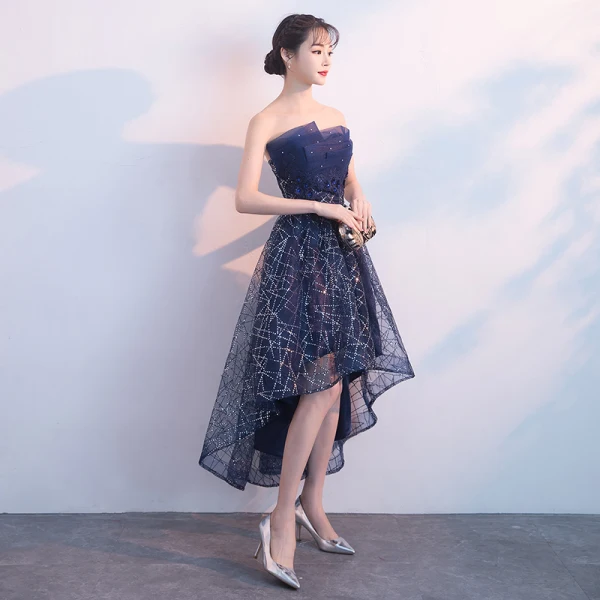 Bling Bling Marineblau Cocktailkleider 2018 A Linie Bandeau Ärmellos Glanz Pailletten Kristall Strass Asymmetrisch Rüschen Rückenfreies Festliche Kleider
