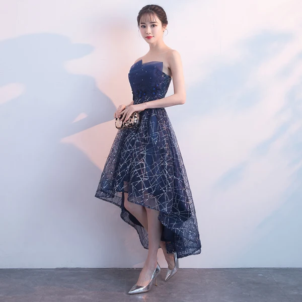 Bling Bling Marineblau Cocktailkleider 2018 A Linie Bandeau Ärmellos Glanz Pailletten Kristall Strass Asymmetrisch Rüschen Rückenfreies Festliche Kleider