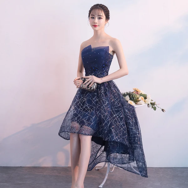 Bling Bling Marineblau Cocktailkleider 2018 A Linie Bandeau Ärmellos Glanz Pailletten Kristall Strass Asymmetrisch Rüschen Rückenfreies Festliche Kleider
