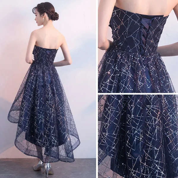 Bling Bling Marineblau Cocktailkleider 2018 A Linie Bandeau Ärmellos Glanz Pailletten Kristall Strass Asymmetrisch Rüschen Rückenfreies Festliche Kleider