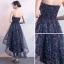 Bling Bling Marineblau Cocktailkleider 2018 A Linie Bandeau Ärmellos Glanz Pailletten Kristall Strass Asymmetrisch Rüschen Rückenfreies Festliche Kleider