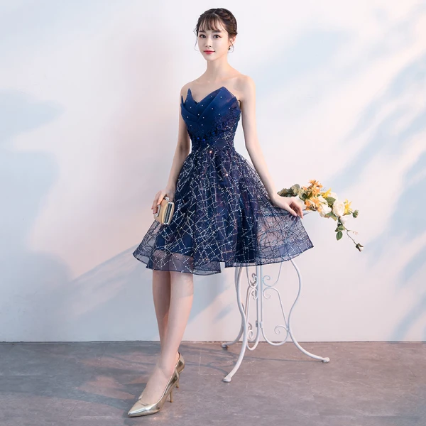 Bling Bling Navy Blue Cocktail Dresses 2018 A-Line / Princess Sweetheart  Sleeveless Rhinestone Glitter Sequins Short Ruffle Backless Formal Dresses